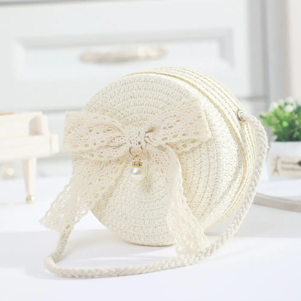 Cute Lace Bow Straw Bag Round Lightweight Summer Beach Bag Hand-woven Zipper Crossbody Purse
