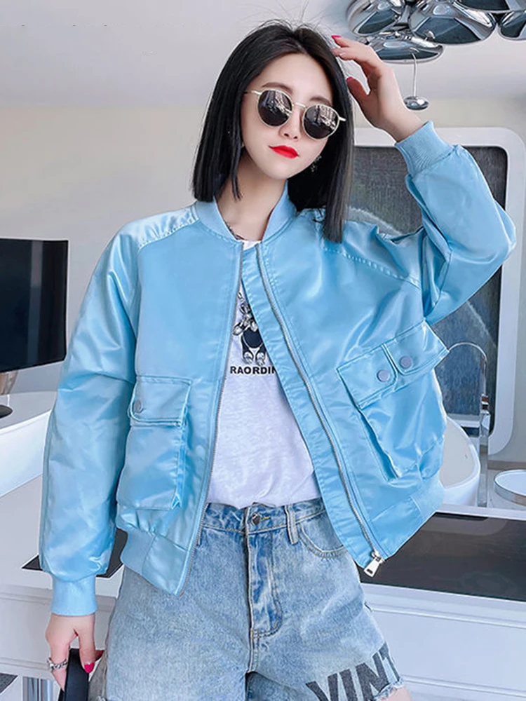 

KBAT Satin Bomber Jacket Women Big Pocket Bomber Coats Long Sleeve Casual Basic Coat Autumn Short Outerwear Female Streetwear