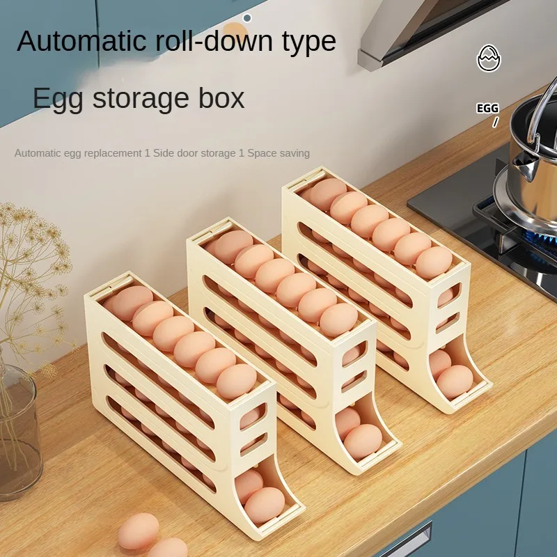 

Household Automatic Rolling Egg Storage Box Kitchen Refrigerator Side Door Egg Preservation Rack 30 Egg Boxes 3layer Egg Storage