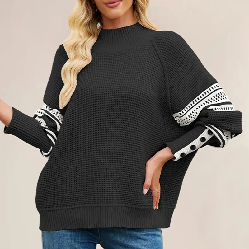 

Pullover Knitted Sweaters Women Casual Jumpers Color Blocked Long Lantern Sleeves Turtle Neck Buttons Loose Elegant Clothing