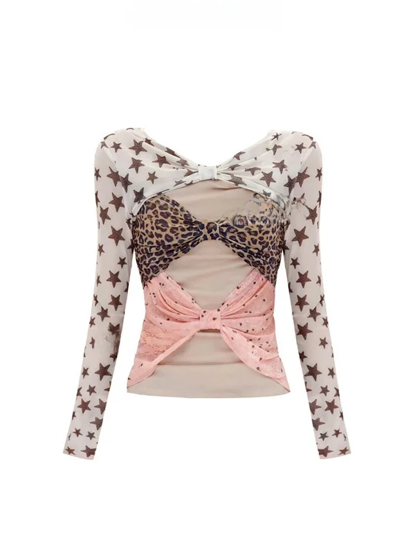 

Studio Three-Color Leopard Print Star Mesh Color Block Knot Lace Top Women's Retro Style UV Protection Long Sleeve ...