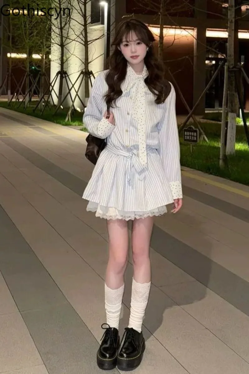 

Gothiscyn Preppy Style Blue Striped Dress Women's Summer Polka Dot Bow Long-sleeved Slim Fit Short Dress Fashion Female Clothes