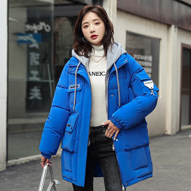 2024 New Winter Cotton Padded Coats Women Hooded Parkas Thick Warm Wadded Jackets  Loose Lady Klein Blue White Green Outerwear