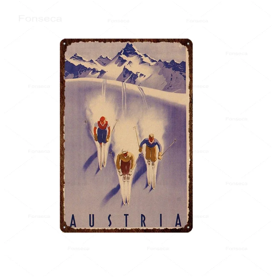 Skiing Travel Metal Tin Sign Iceland Landscape Vintage Wall Signs Decor Tinplate Plaques Outdoor Sports Competition Poster Decor