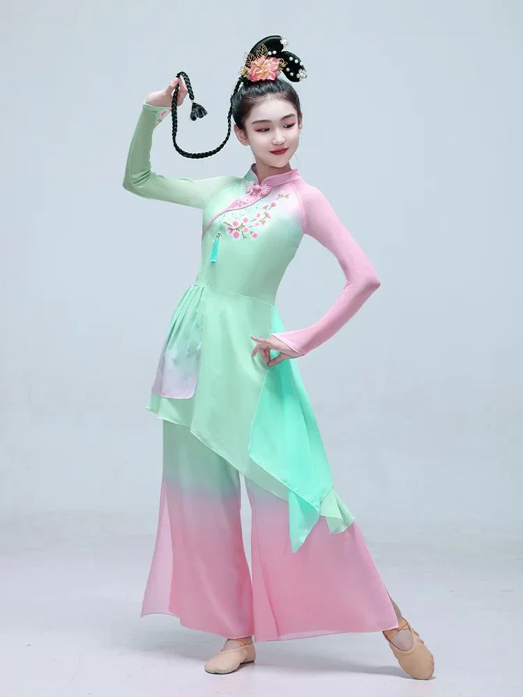 Chinese Folk Dance Costume Women Children's Classical Dance Performance Costume Girls Fan Stage Dancewear Set