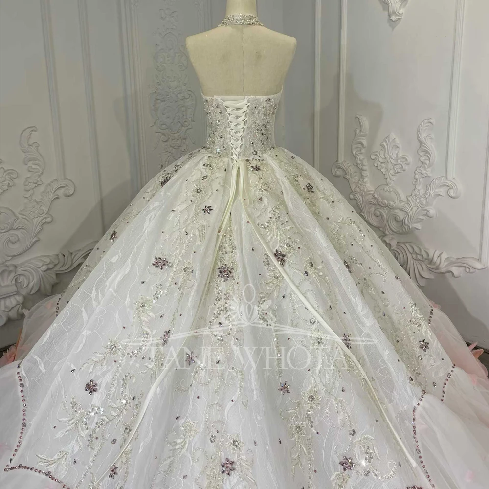 Gaun Pengantin Tanpa Tali Tanpa Lengan yang Dapat Disesuaikan dengan Punggung Berikat Tali, Payet Kristal, dan Hiasan Bunga 3D untuk Pengantin