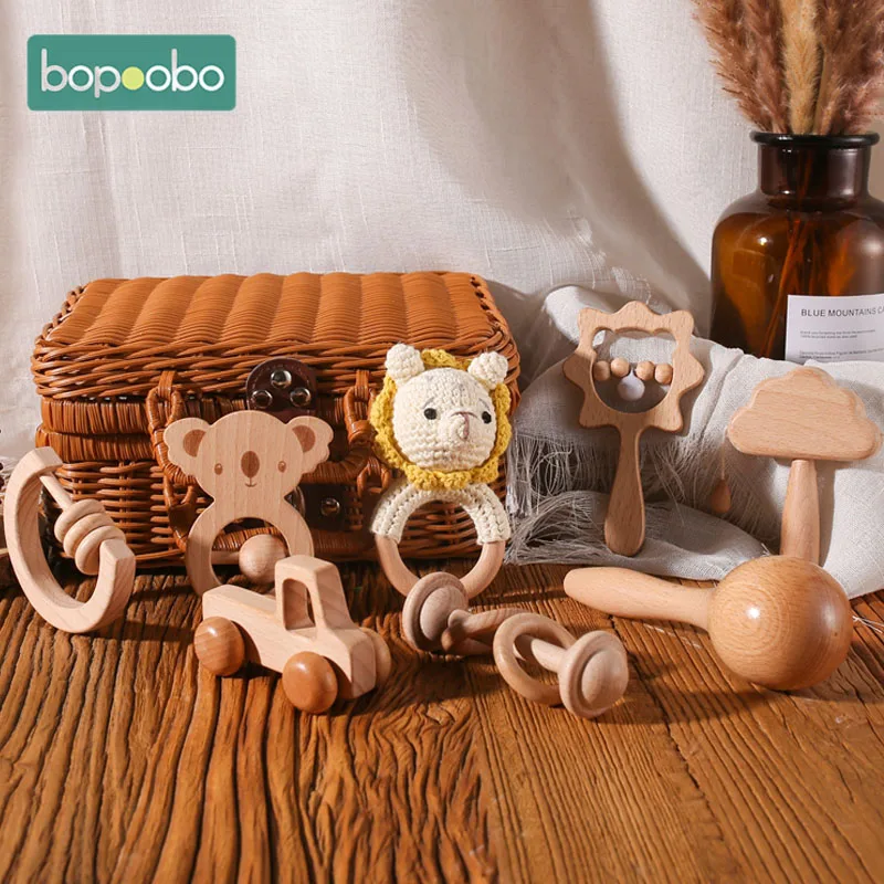 1Set Baby Animal Wooden Rattles Crochet Lion Set Milepost Birth Commemorate Cane Beech Set Montessori Birth Vintage Box Gifts