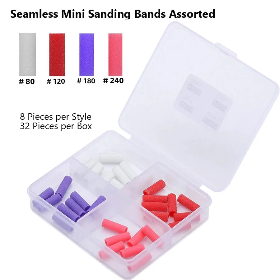 32 Stück 3,1 mm nahtlose Mini-Nagelschleifbänder UV-Gel-Acrylspitzen Polieren Entfernung Bohrer Werkzeugset für professionelle Maniküre