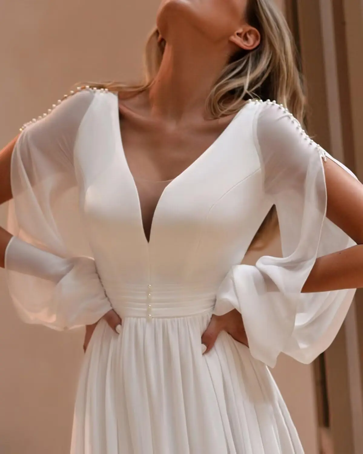 ชุดแต่งงานแขนยาวสำหรับเจ้าสาว ผ้าชีฟอง ประดับลูกปัด คอวีเซ็กซี่ ชุดเจ้าสาวสำหรับงานเลี้ยง ชุดราตรี