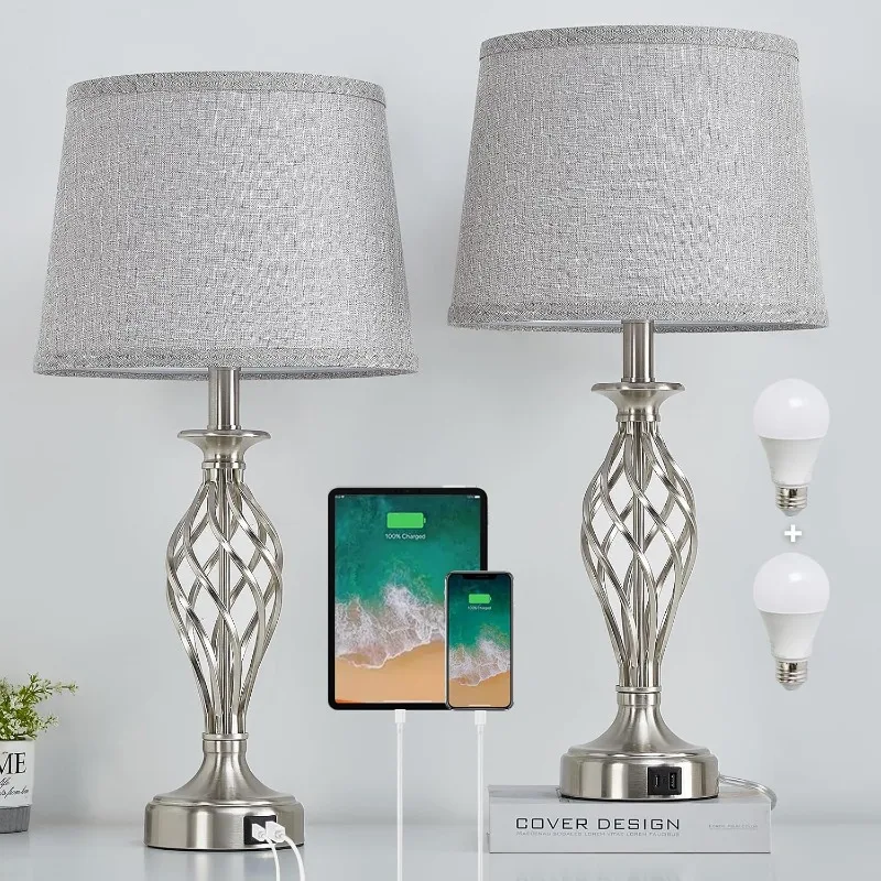 

Nightstand Table Lamps for Bedrooms Set of 2 with USB C+A, Bedside Lamps with Spiral Cage Base, Tall Living Room Lamps for End T