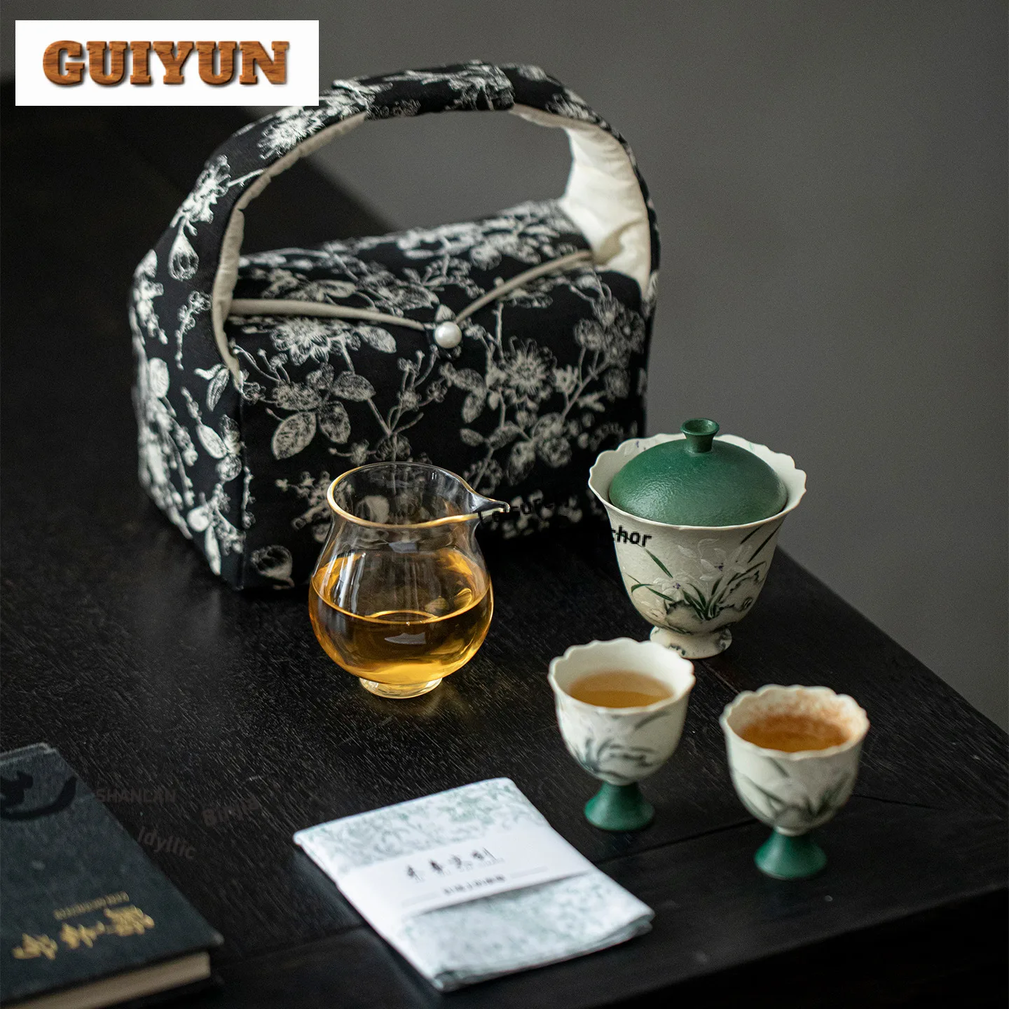 

Hand-painted Orchid Travel Tea Set Kit Handmade 1 bowl 2 Cups Tea Maker Organizer Portable Camping Stock Bags Tea Ceremony