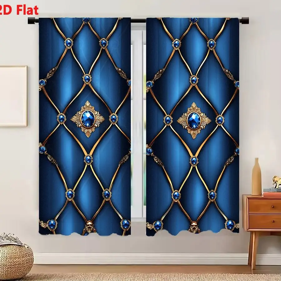 2Pcs Curtains Add 2D Flat Luxurious Deep Blue Background With Golden Curved Lattice Diamond Pattern And Faceted Blue Gemstones B