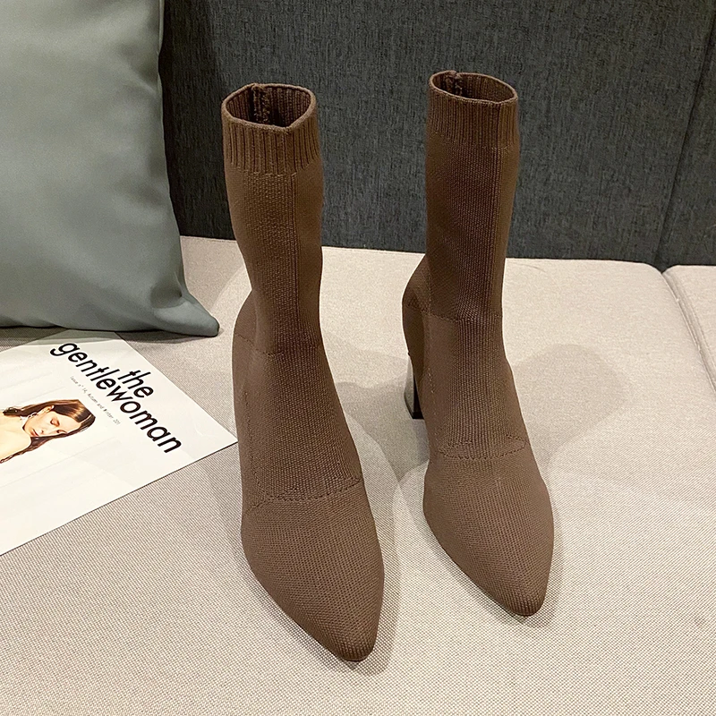 Moda malha elástica apontou grossas botas calcanhar