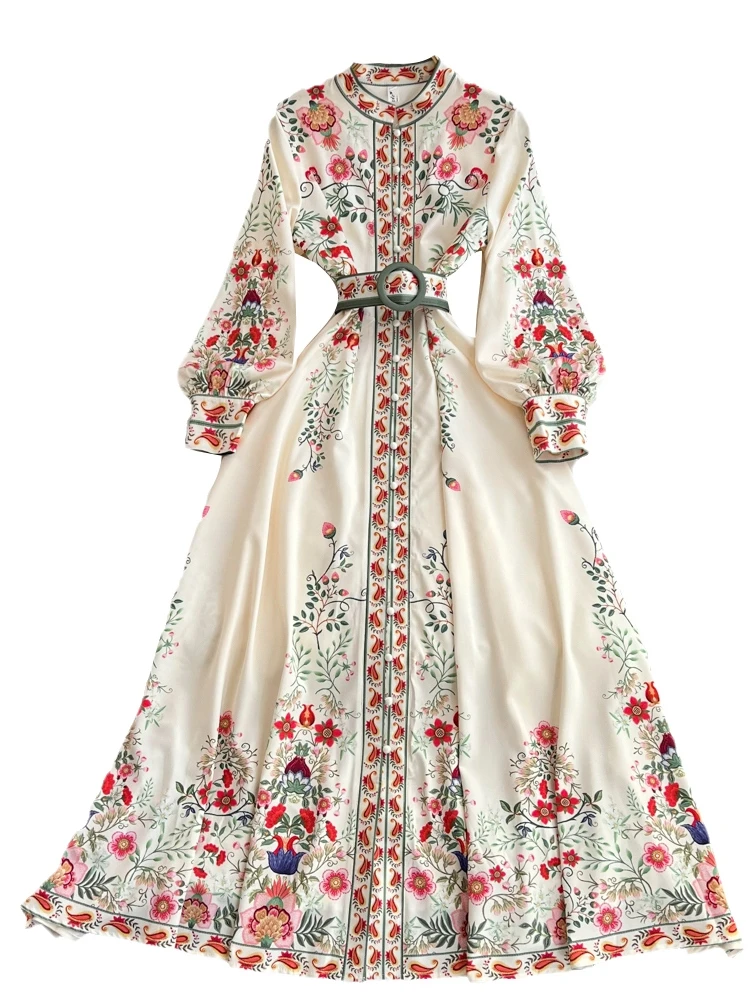 Vintage Court Sle Long Sve Stand Collar Slimming Single Button A-Line Print Maxi Dr Autumn Faion Women's Clothing