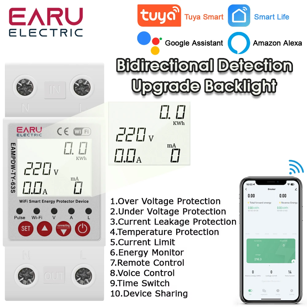 

Tuya Smart WiFi Bidirectional Energy Meter Power kWh Meter Earth Leakage Over Under Voltage Protector Timer Relay Switch Breaker