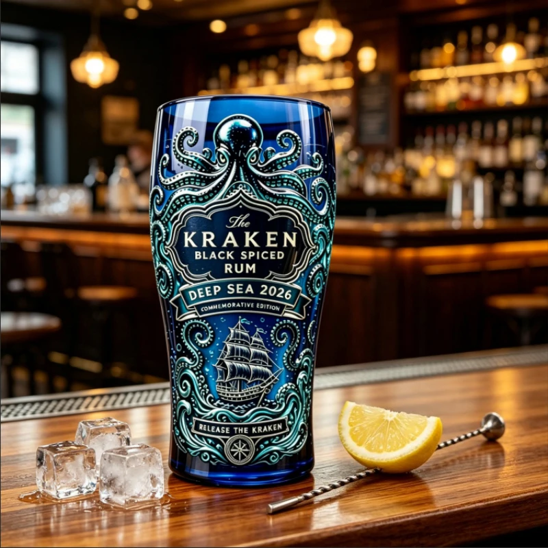 Nautical Kraken Octopus Print Glass Mug, Retro Pirate Whiskey Cocktail Glass, Barware for Home Party