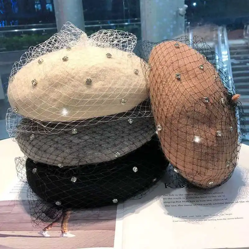 1PC Ladies Bright Diamond Beret Mesh Pumpkin Hat Autumn/Winter Crystal Painter Hat Fashion Photo Shoot with Cut-out English Hat