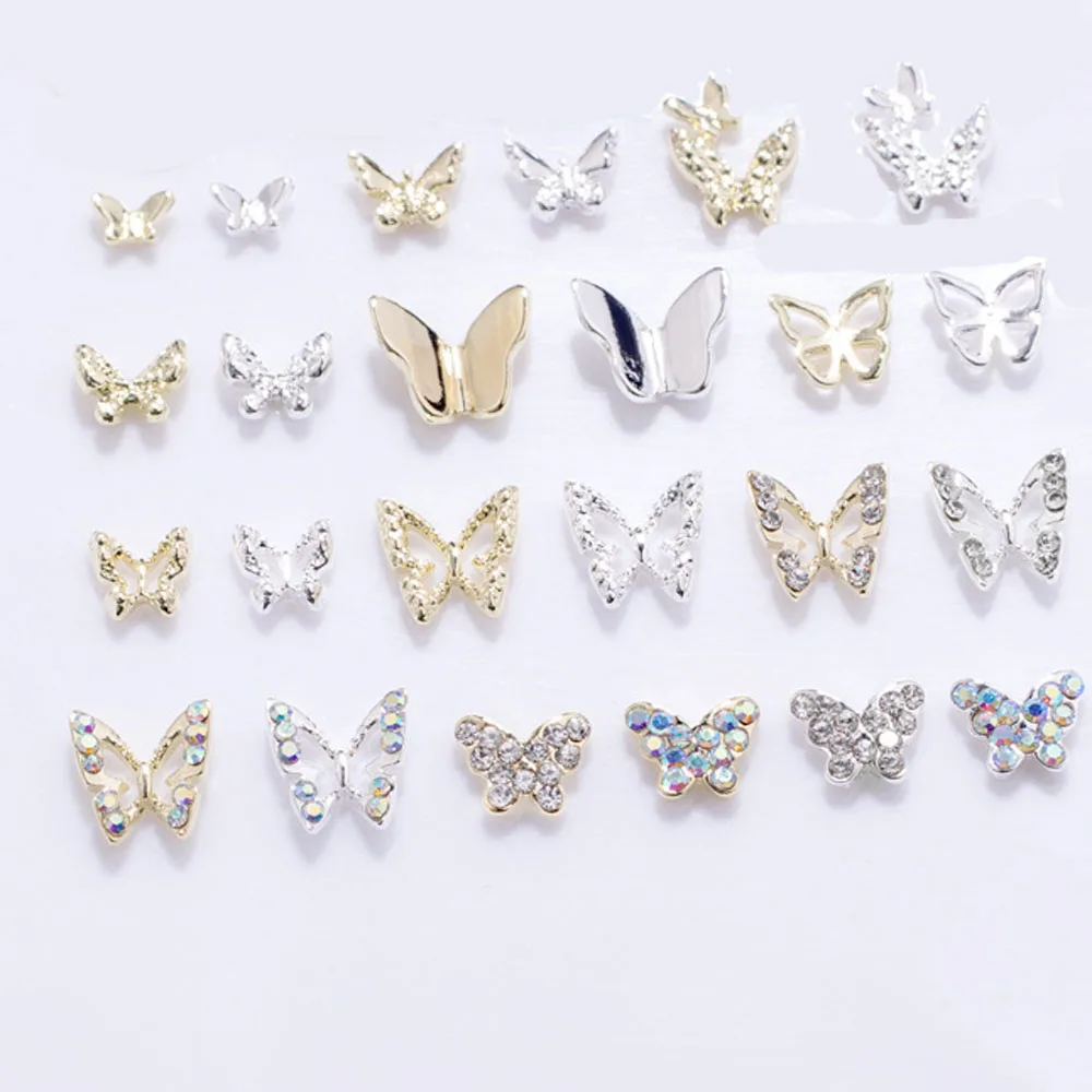 Mini Hollow Butterfly Nail Charms, Metal 3D, Prata, Ouro, Diamante, Pérola, Decoração de Unhas, DIY, Acessórios de Luxo, 10Pcs