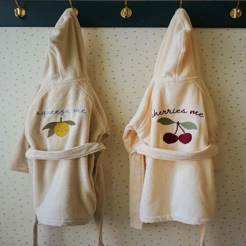 2024 KS New Baby Boys Girls Flannel Bathrobe Towel Children's Cherry Lemon Embroidery Pure Cotton Hooded Bath Towel Pyjamas