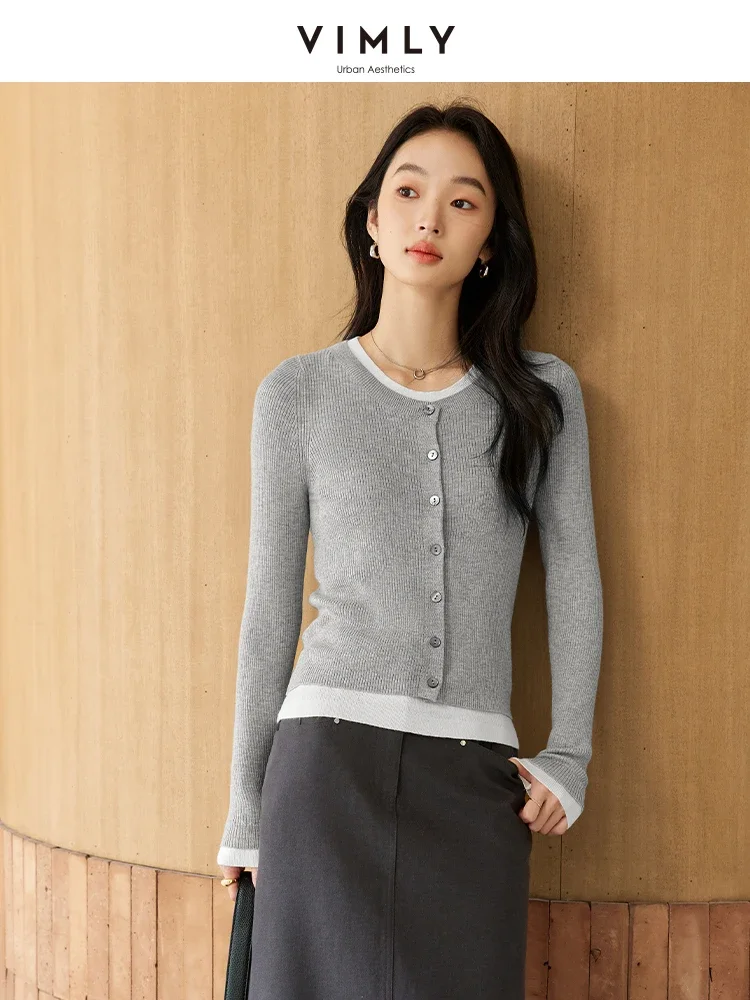 VIMLY Women's Office Lady Grey and White Colour Clash Knitwear Bottoming Autumn O-Neck Simple Slimming Stacked Jumper Top