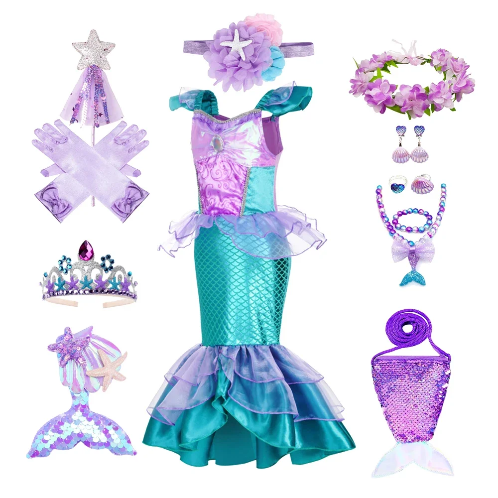 فستان حورية البحر للفتيات باللون الأرجواني للأطفال، فستان تنكري للأطفال لحفلات الهالوين وحفلات أعياد الميلاد، ملابس خيالية
