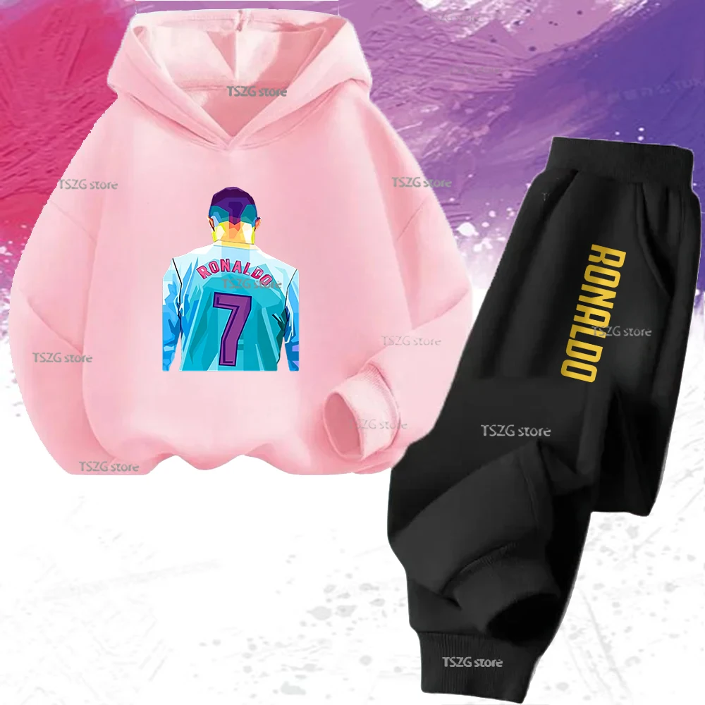 الشتاء الخريف كرة القدم CR7 رونالدو الأطفال هوديي + السراويل دعوى 2 قطعة مجموعة صبي فتاة رياضية البلوز مجموعة طفل رياضية 3-12Y #4