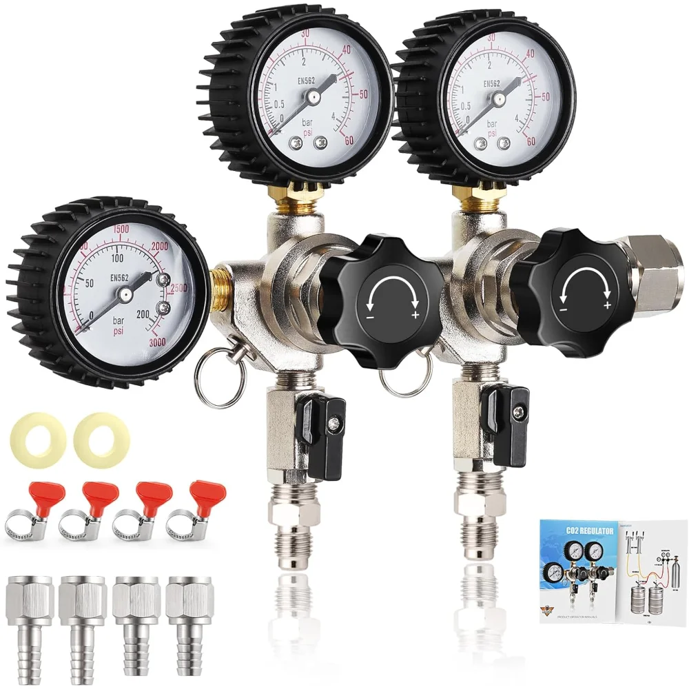 

Keg CO2 Regulator Dual Output, CGA-320 Keg Regulator Draft Beer Regulator, Quick Disconnect Threaded End Fitting