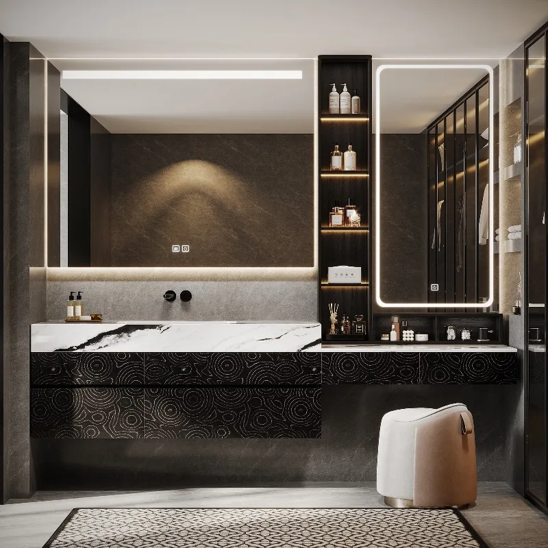 Modern Bathroom Vanity Makeup Combo Smart LED Defog Mirror Wall-Mounted Vanity Makeup Area Storage Hotel Villa Use Water