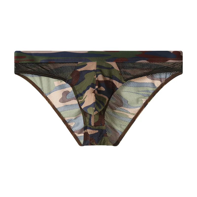 Foreign trade wholesale men's underwear camouflage mesh color matching elastic U convex bag breathable fitness briefs men