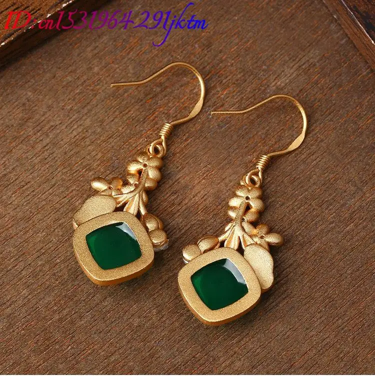 الأخضر الطبيعي اليشم زهرة الأقراط الاكسسوارات خمر سحر 18K مطلية بالذهب مصمم الأزياء الفاخرة التعويذات المجوهرات الحقيقية #6