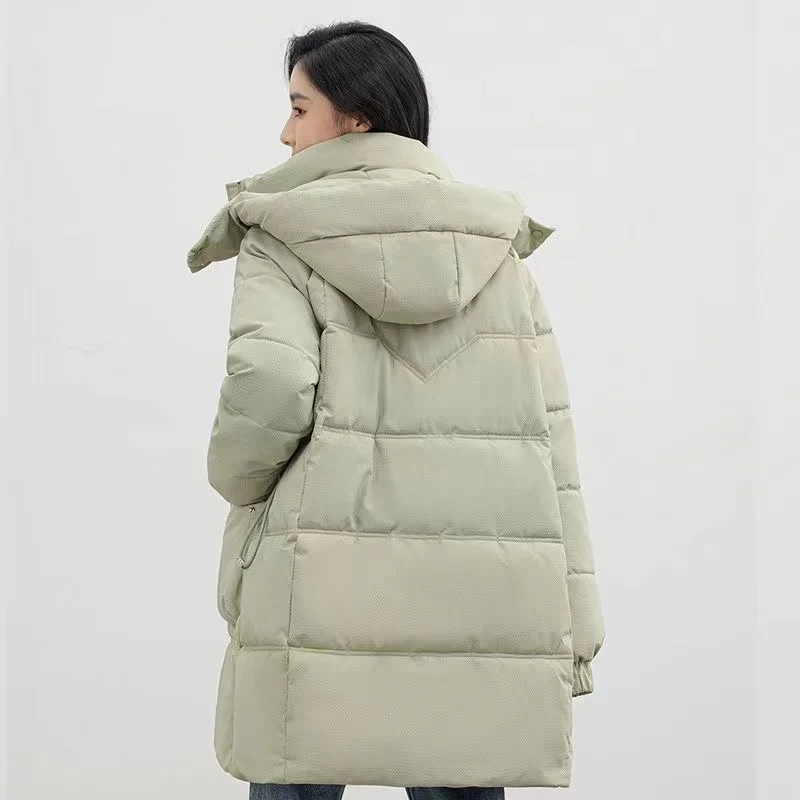 2023 Thicken Women's Coat Medium Long Down Cotton Jacket Winter New Padded Parkas Warm Hooded Coat Female Solid Casual Overcoat