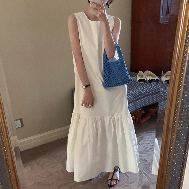 فستان صيفي أنيق بأسلوب كلاسيكي فضفاض برقبة مستديرة وبدون أكمام مع تطريز دانتيل، فستان طويل فضفاض على الطراز الكوري للنساء