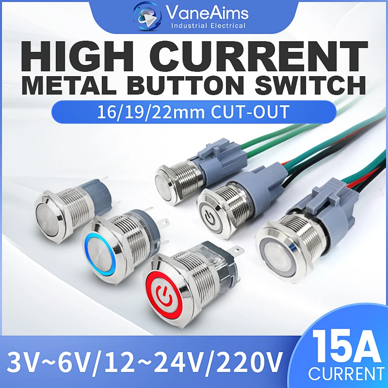 

Металлический кнопочный переключатель, 19 мм, 15 А