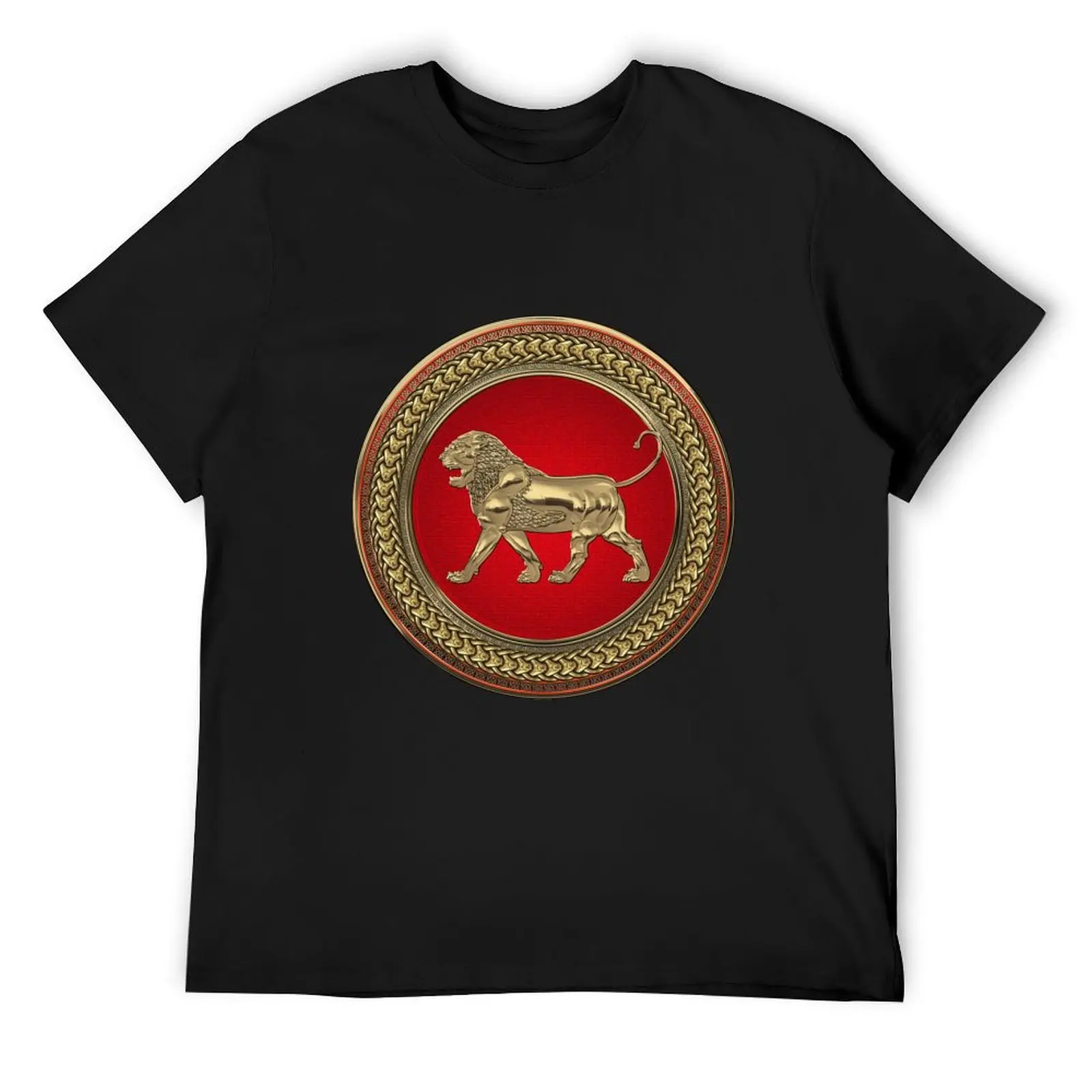 Gold Assyrian Lion on Red and Gold Medallion over White Leather T-Shirt quick drying fitted t shirts for men