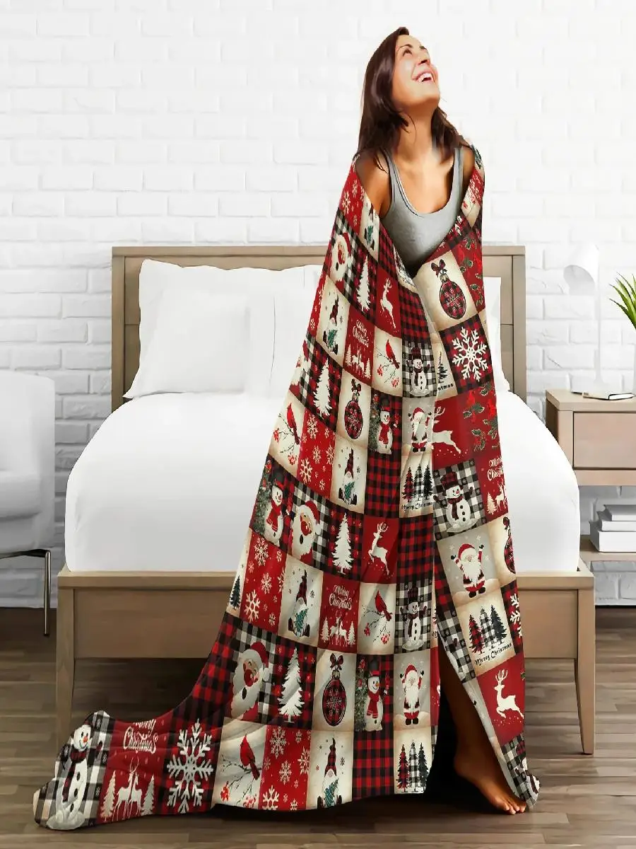 Cozy Christmas Throw Blanket with Cartoon Santa Snowman Red Plaid Print Soft Flannel Quilt Perfect for Holiday Gifts and Winter