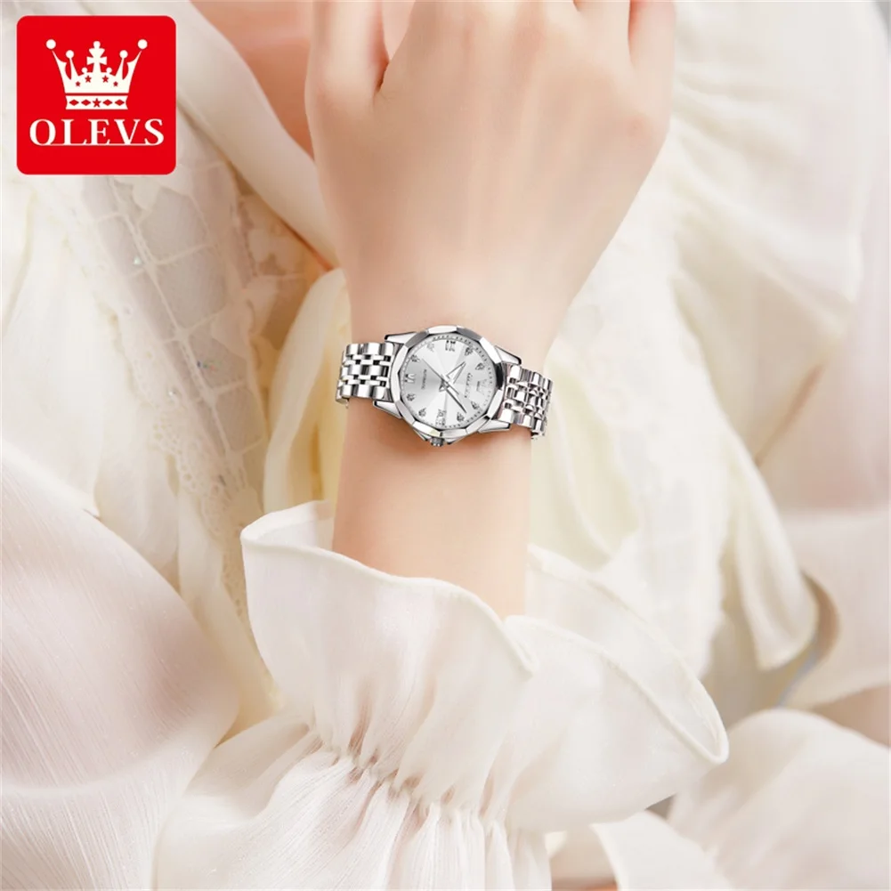 OLEVS 9982 Auto Date Mechanical Watch For Women Rhombus Mirror Luxury Elegant Ladies Wristwatch Roman Scale Waterproof Watches