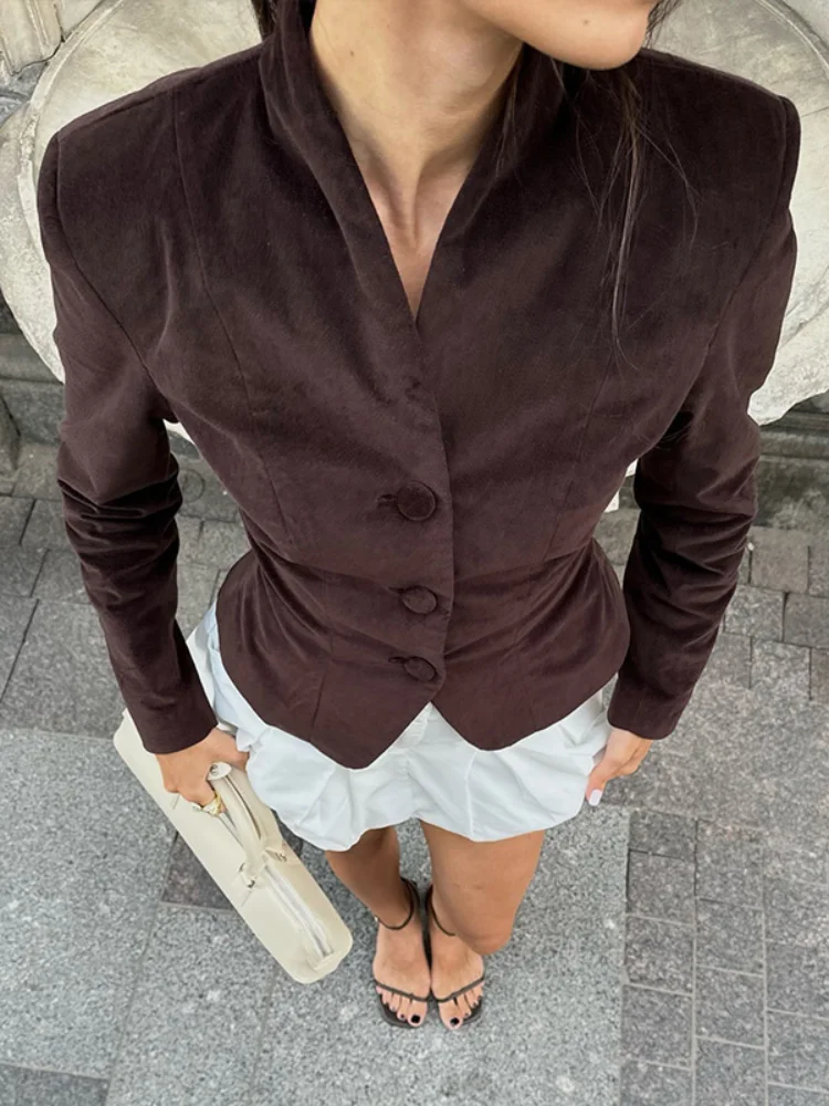 Women Brown Velvet Single Breasted Long Sleeved Jacket Fashion V-neck Slim Short Coat 2024 Autumn Lady Commute Street Outwear