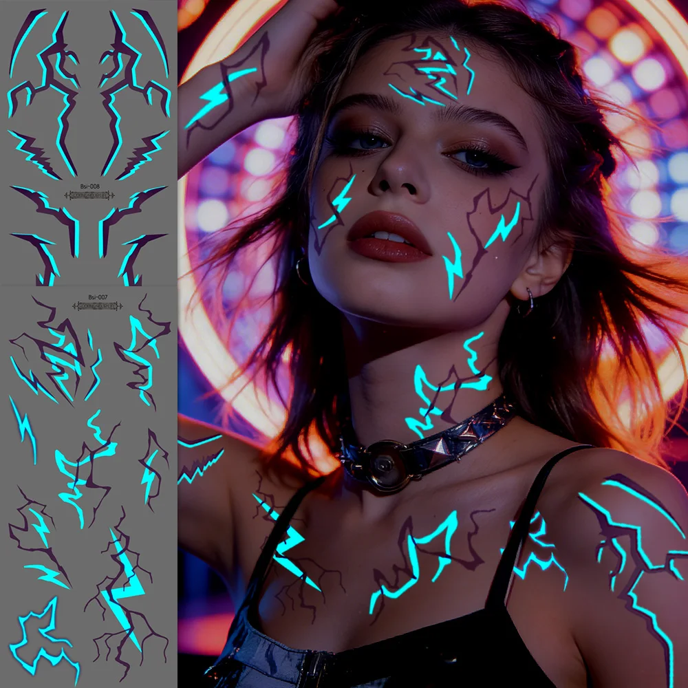 

2Pcs Glow in the Dark Kpop Gothic Women Face Temporary Tattoos -Cool Blue Purple Lightning & Vein Body Art Waterproof Tattoos