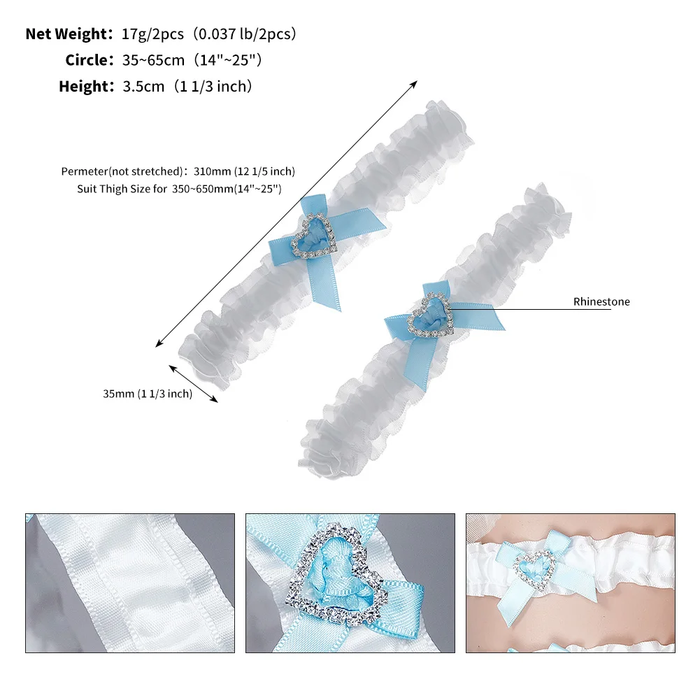 Blue Bow Wedding Garter 2pcs/set Bride Dress Accessories for Women Party Rhinestone Lace Bowknot Bridal Leg Garter Gift image 6