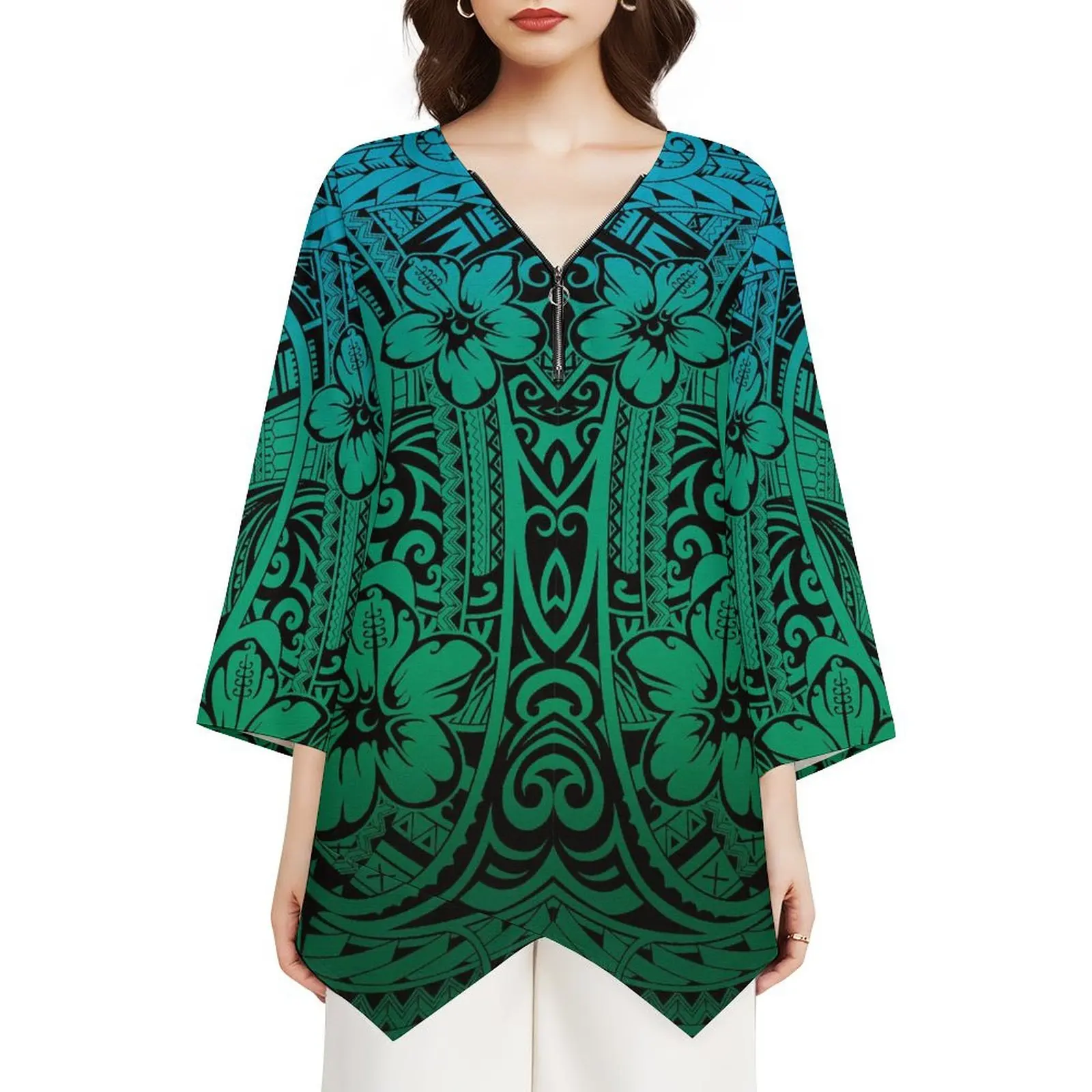Polynesian Women New Top V-Neck Zipper Irregular Casual Women Daily Office And Home Clothing Customization T-Shirt