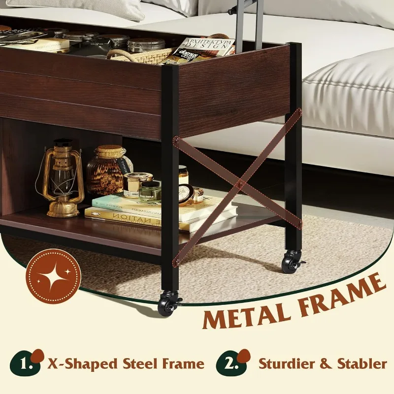 WLIVE Lift Top Coffee Table for Living Room,Coffee Table with Storage,Hidden Compartment and Metal Frame, Central Table