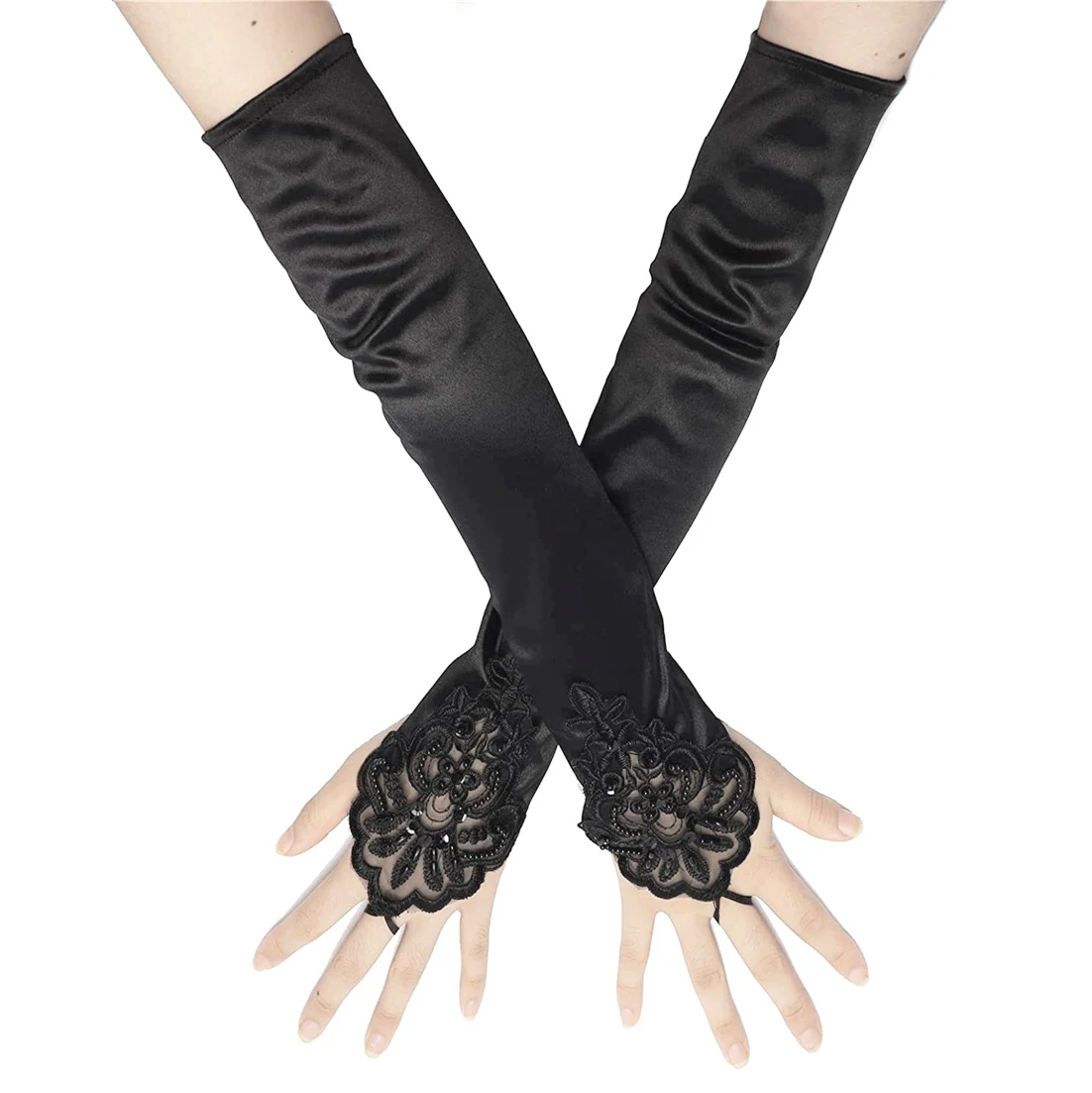 Sateen Flower Piece Beading Ceremonial Hollowing Nightclub Bridesmaid Party Gloves Women Satin Fingerless Hook Hand Mittens Bk9