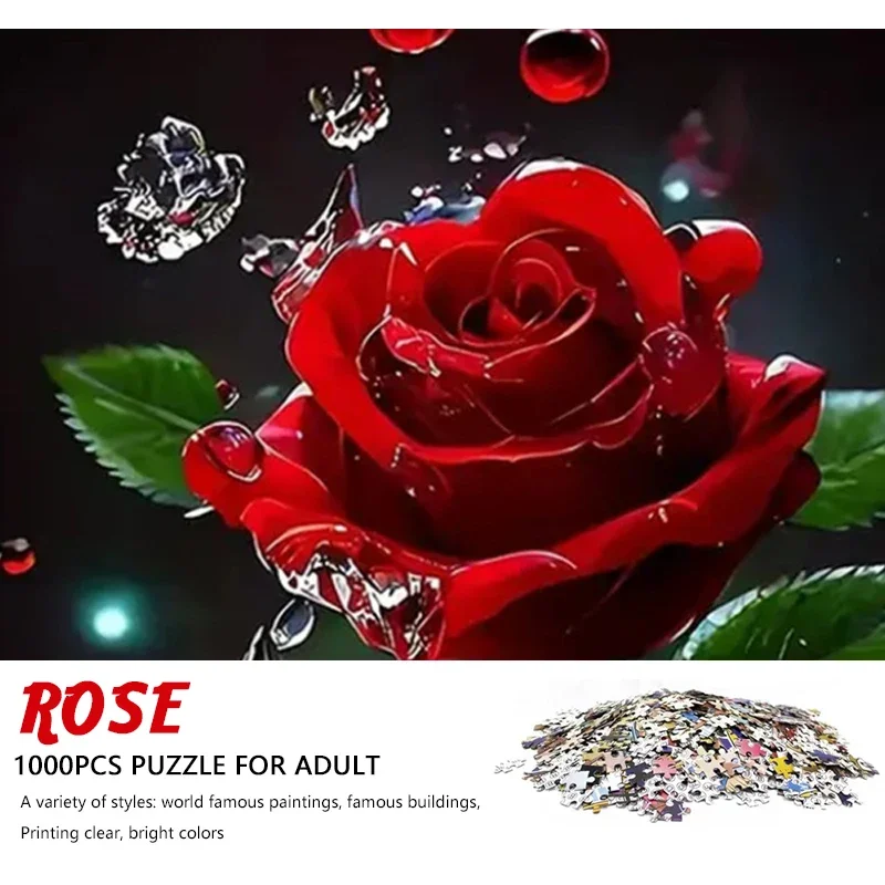 

High Quality 70cm*50cm 1000pcs Rose Flower Jigsaw Puzzle Adult Stress Relief Beautiful Landscape Painting Puzzle Wall Decor