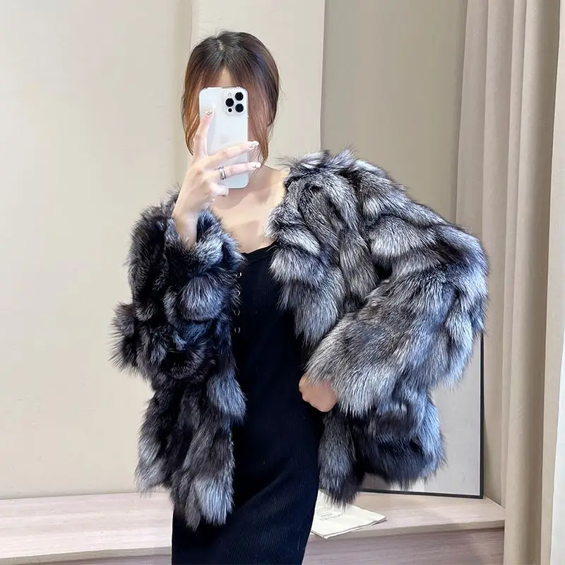 

100% fox fur coat loose short slimming top Silver fox fur one