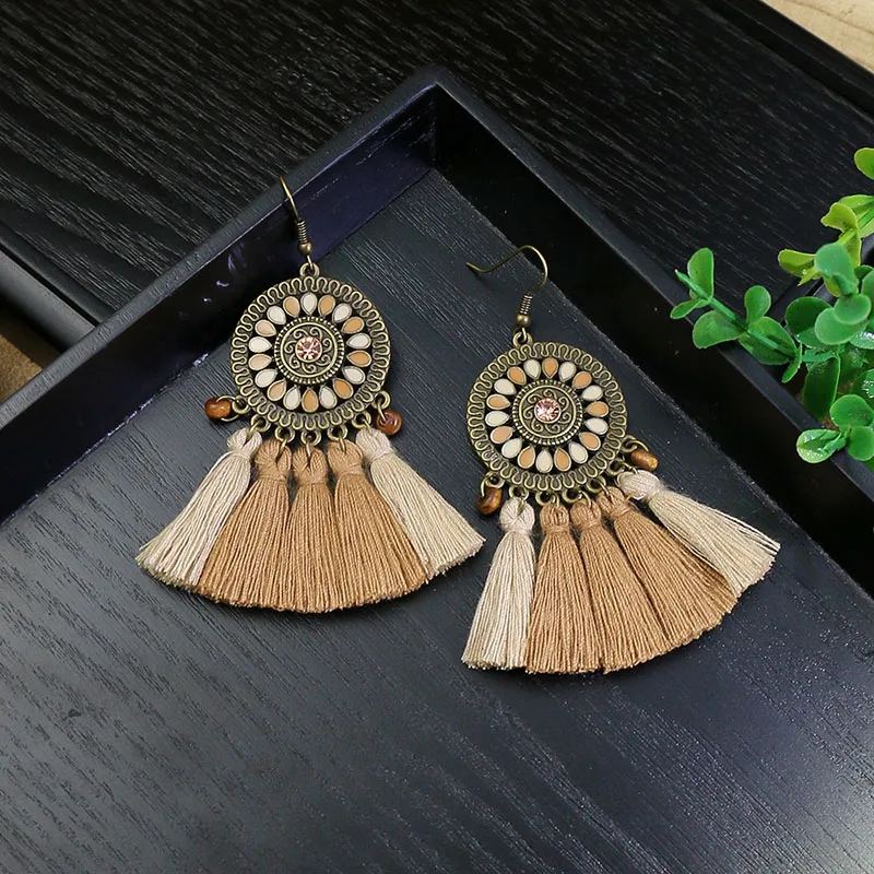 Ethnic Bohemian Tassel Fringe Long Dangle Earring For Women Wooden Beaded Geometric Handmade Drop Earrings Jewelry Pendientes