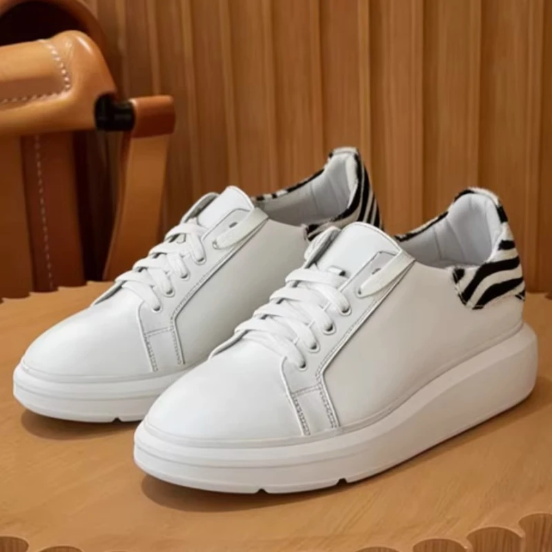 

Genuine Leather White Board Shoes for Men's Zebra Pattern Rear Height Increasing Shoes New Casual Sneakers Couple's Sports Shoes