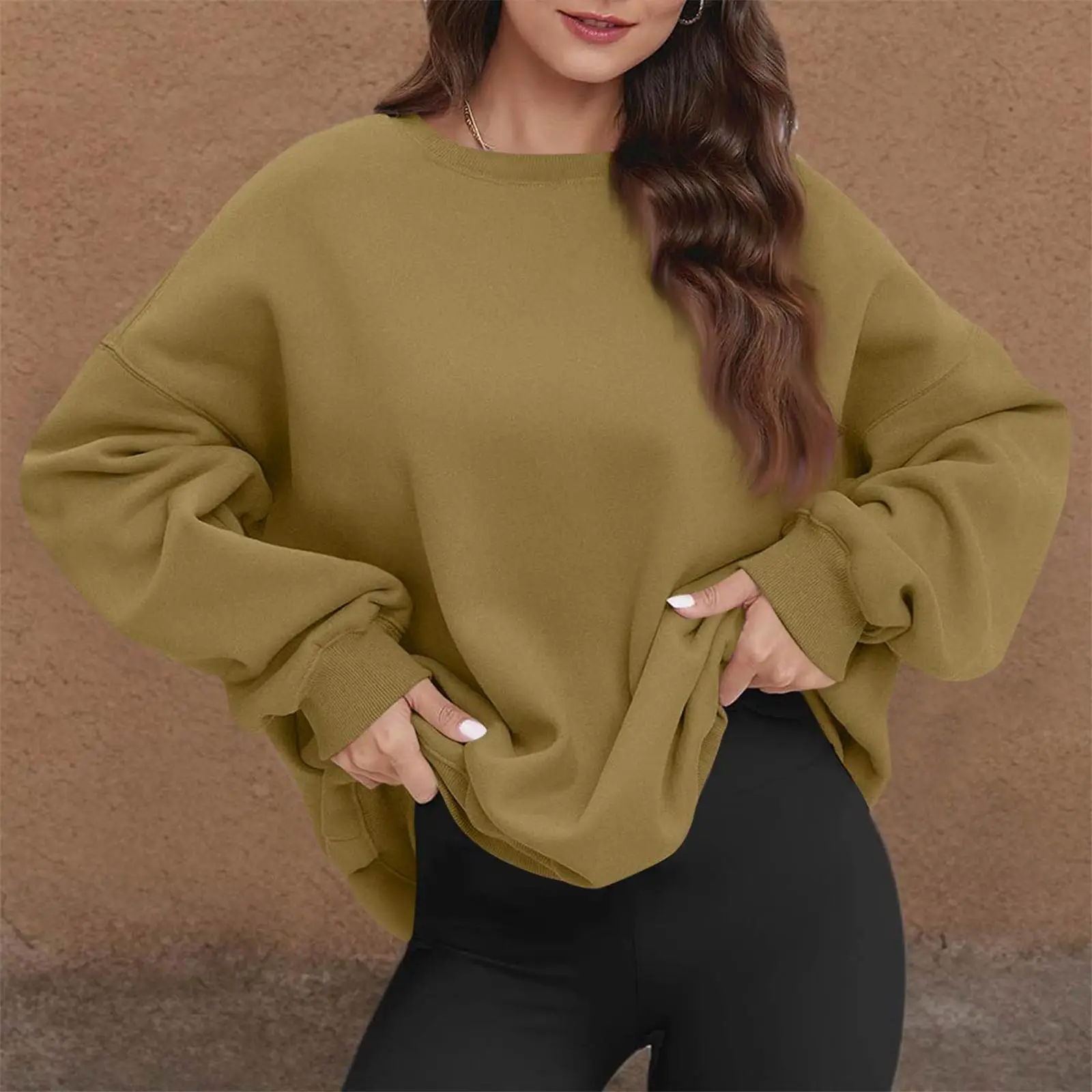 Tops De cuello redondo para Mujer, Jersey informal De algodón a la moda De manga larga con bolsillos y cuello redondo, blusa superior, Sudaderas De Mujer