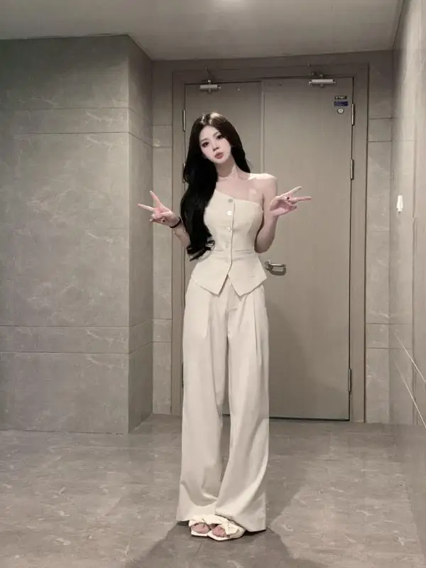 

Ele Two-Piece Suit Set Women's Summer Faion Wide Leg Pants Floor-Length Jaet Vest Casual Sli Ensemble