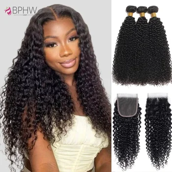 BPHW 12A حزم مجعد غريب مع إغلاق نسج الشعر العميق بيرو 100% شعر الإنسان HD الدانتيل الشفاف إغلاق وحزمة