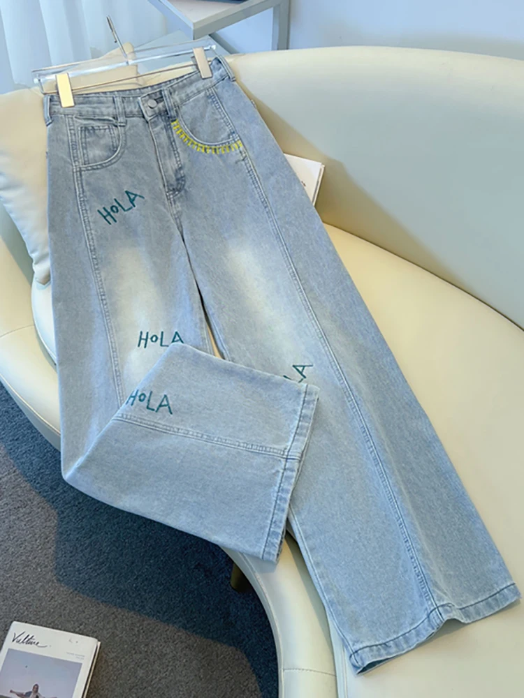 

Женские джинсы Light Wa с вышивкой, высокой талией и широкими штанинами, весенняя новинка, корейский стиль, стройнящие, для повседневной носки